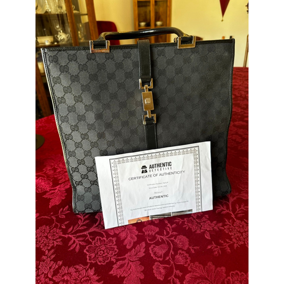 Gucci Black Monogram Canvas & Leather Jackie Tote Bag w/ Silver Piston Lock - Picture 12 of 14